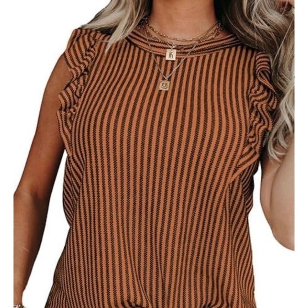 SHEWIN Ruffle Sleeveless Top Womens XL Brown NWT Striped Summer Crewneck C771